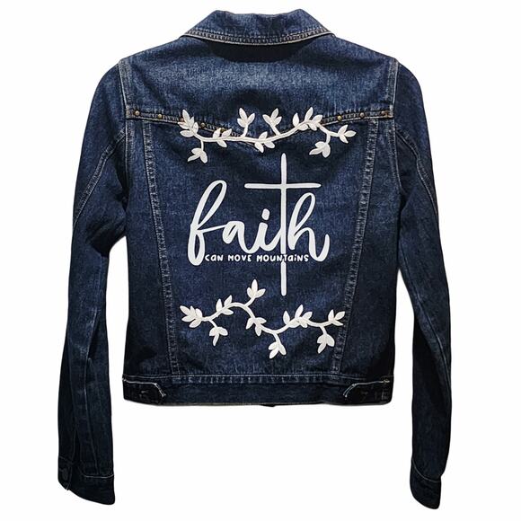 Faith Can Move Mountains Custom Floral Upcycled Denim Jacket W/Stud Details, L - Picture 6 of 7